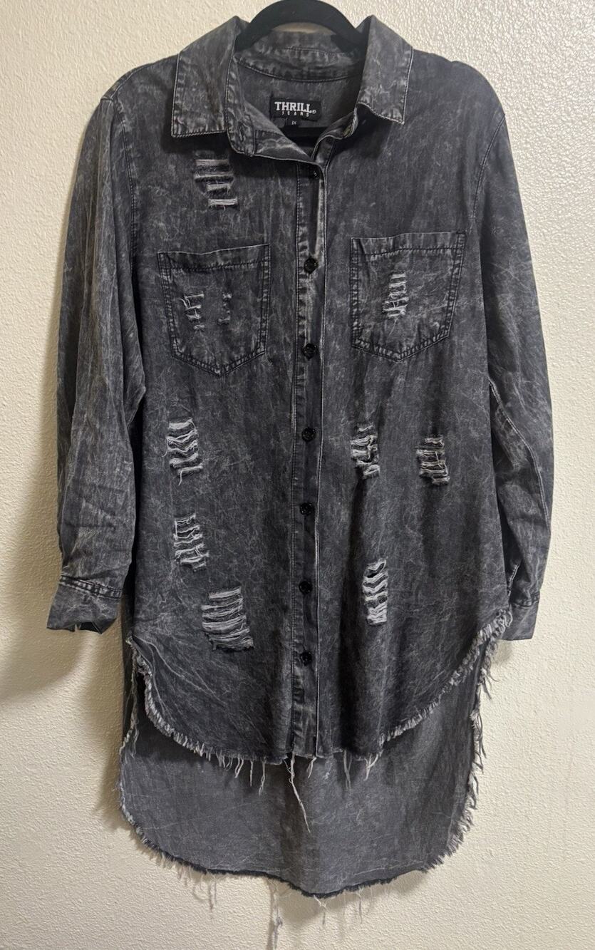 Thrill Jeans Distressed Button Up Shirt Acid Wash Plus Size 1X Grunge Punk Indie